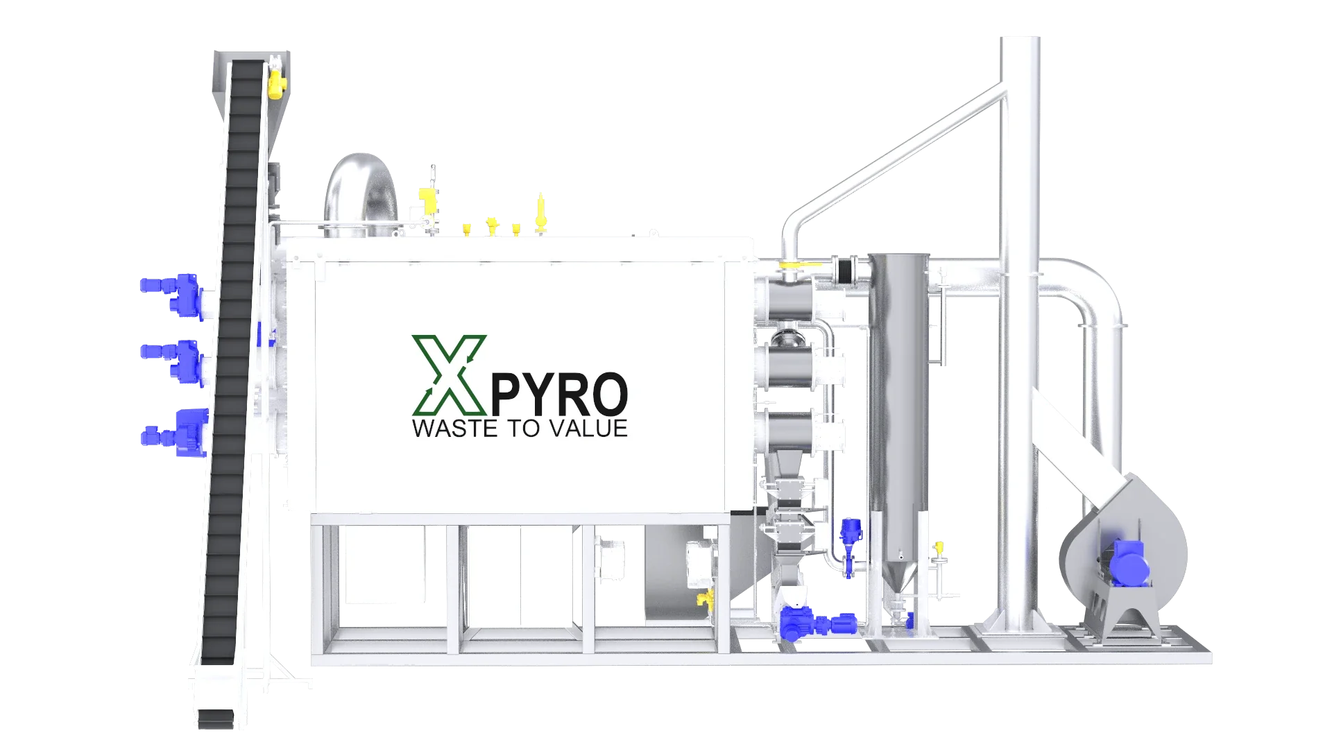 3D model of the XPYRO tyre pyrolysis plant: feed conveyor, insulated reactor, condensers and stack